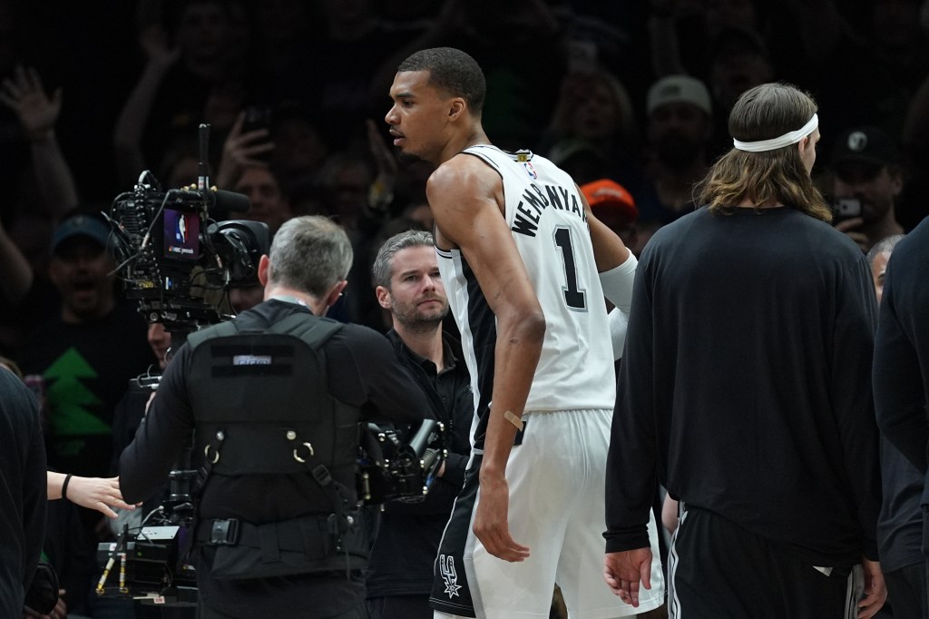 Victor Wembanyama reacts after being ejected for a flagrant foul.
