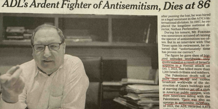 New York Times Blames Jews For Antisemitism—In Obituary of ADL Chief Abe Foxman