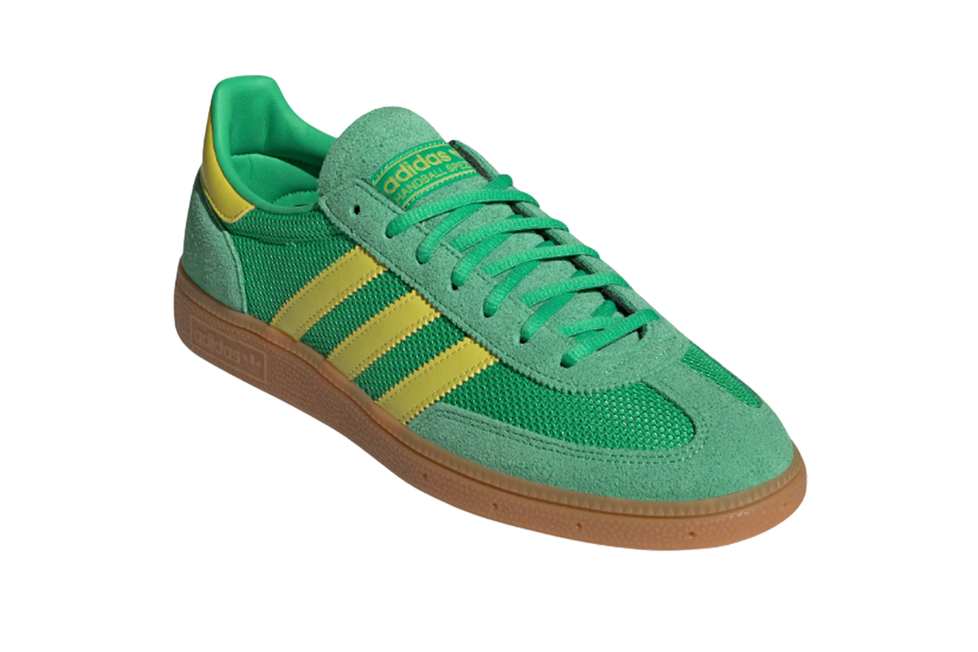Adidas Handball Spezial in green suede with yellow stripes and a gum sole.