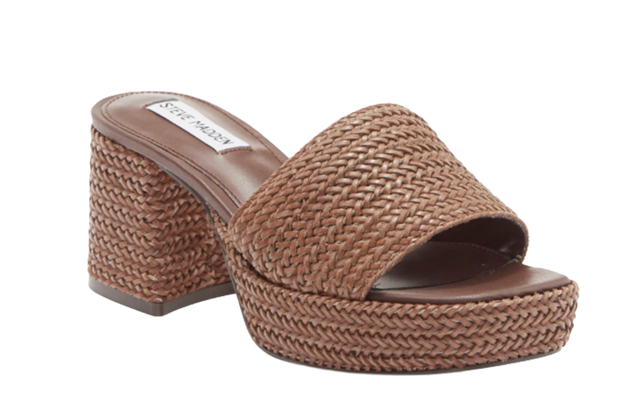 Brown Steve Madden woven platform sandal.