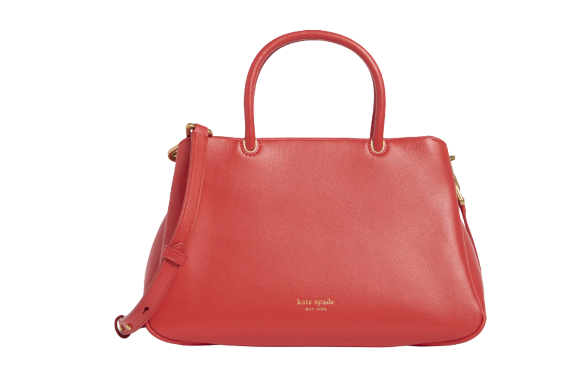 A red Kate Spade New York satchel bag with a top handle and shoulder strap.