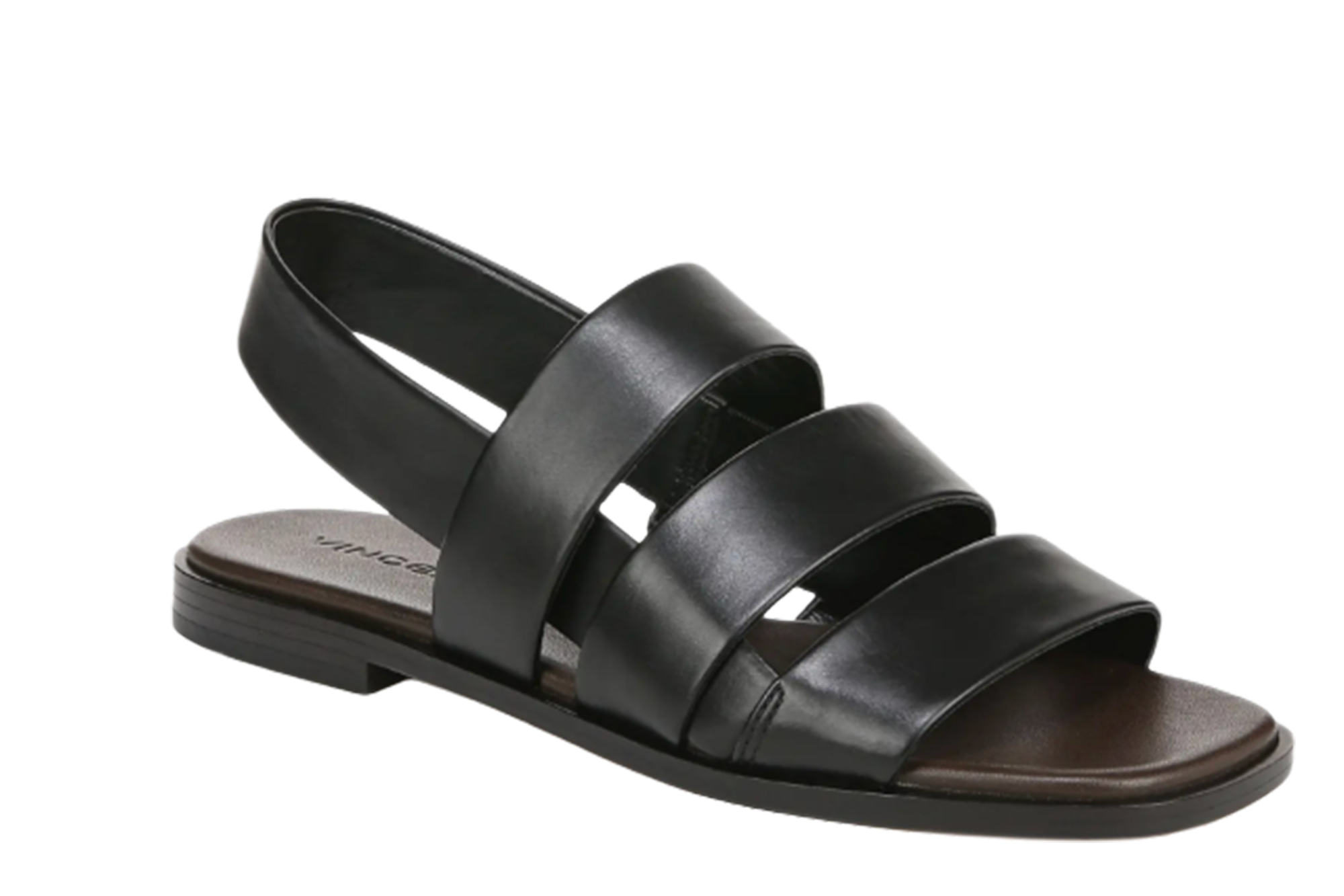 A single black leather sandal with a brown sole, featuring multiple straps across the foot and an ankle strap.