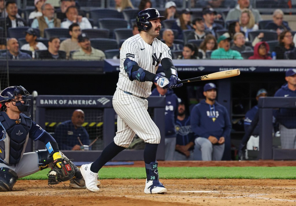 Yankees catcher Austin Wells (28) solo home run during the fifth inning when the New York Yankees played the Tampa Bay Rays Friday, May 22, 2026 at Yankee Stadium in the Bronx, NY. 