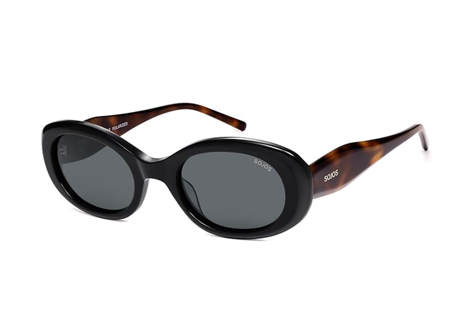 Black oval Sojos sunglasses with tortoise shell arms.
