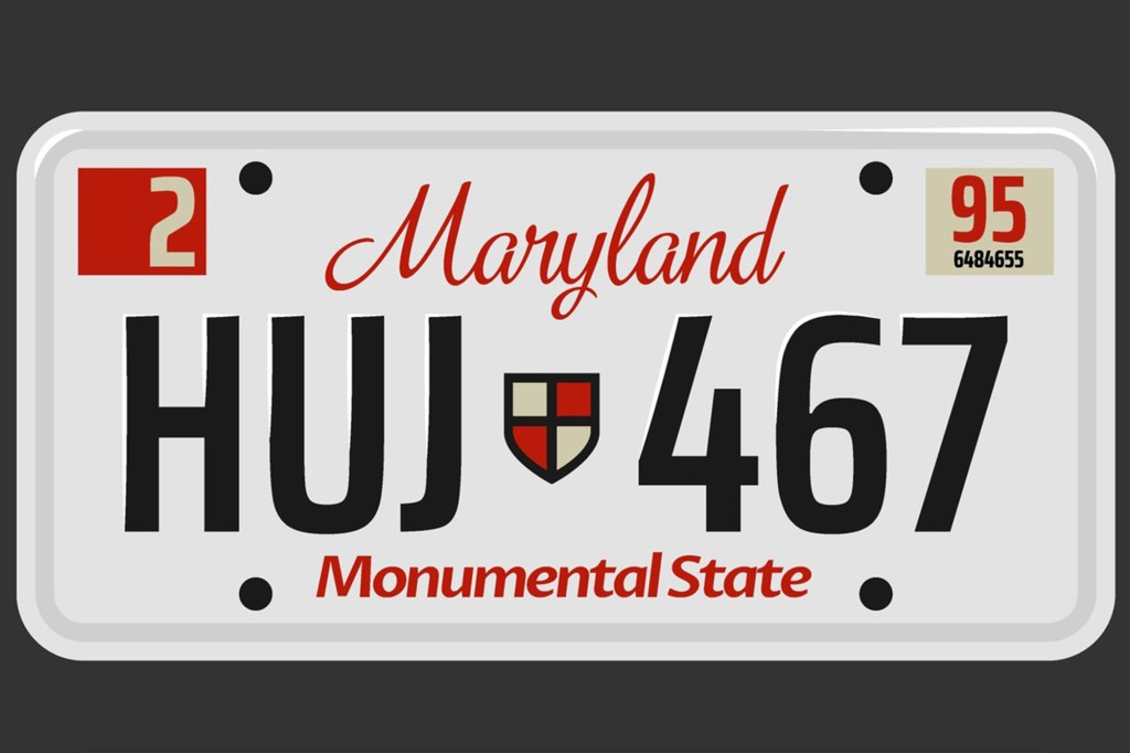 Illustration of a Maryland license plate with "HUJ 467" and "Monumental State" at the bottom.