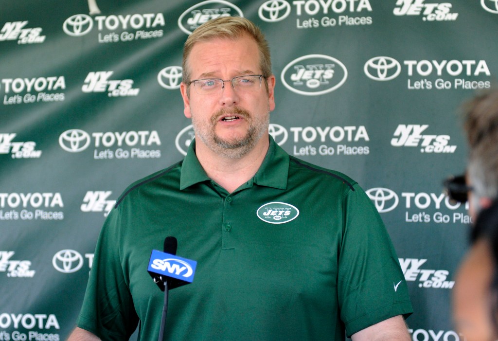 Jets general manager Mike Maccagnan speaks to the media at training camp. 