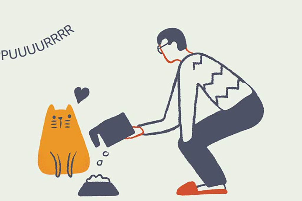 A cartoon of a man feeding his cat 