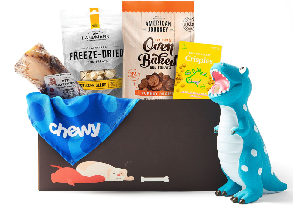 A box of dog toys and treats from Chewy 